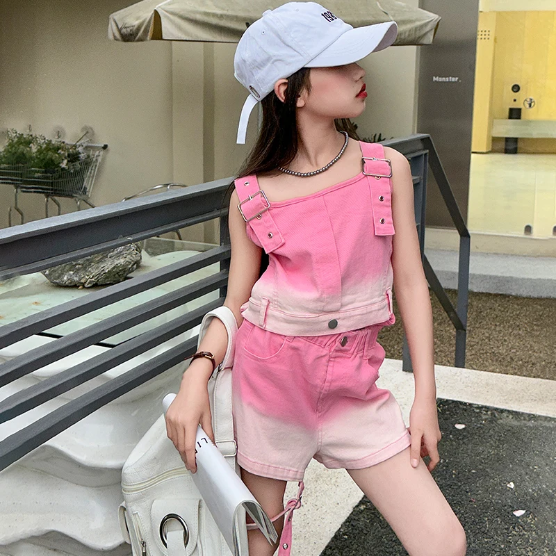 2024 Summer Girls Gradient Tank Jeans Shorts Sets Adjustable Strap Tops + Short Pants Suits Casual Jazz Children\'s Youth Outfits