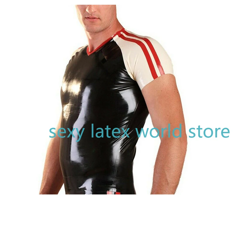 

100% Handmade Latex Men's Top T-Shirt Male Gummi Rubber Black with White Red Basic Fashion Custom