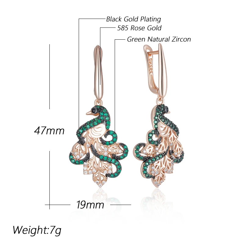 Kinel Hot Green Natural Zircon Peacock Drop Earrings For Women 585 Rose Gold and Black Plating Vintage Animal Daily Punk Jewelry