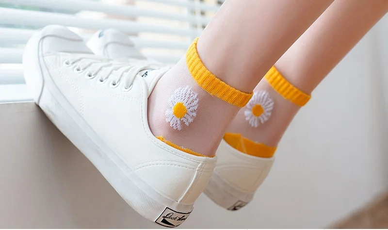 10 Paar Frauen weiße Gänseblümchen Blume kurze Socken Set Mode Sommer dünne atmungsaktive Bonbon farbe transparente Kristall Seide Söckchen – Detail 1