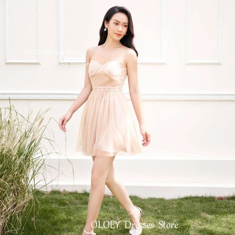 

OLOEY Exquisite Mini Evening Dress Korea Photoshoot Beads Crystal High Waist O Neck Prom Dress Custom Formal Party Dress