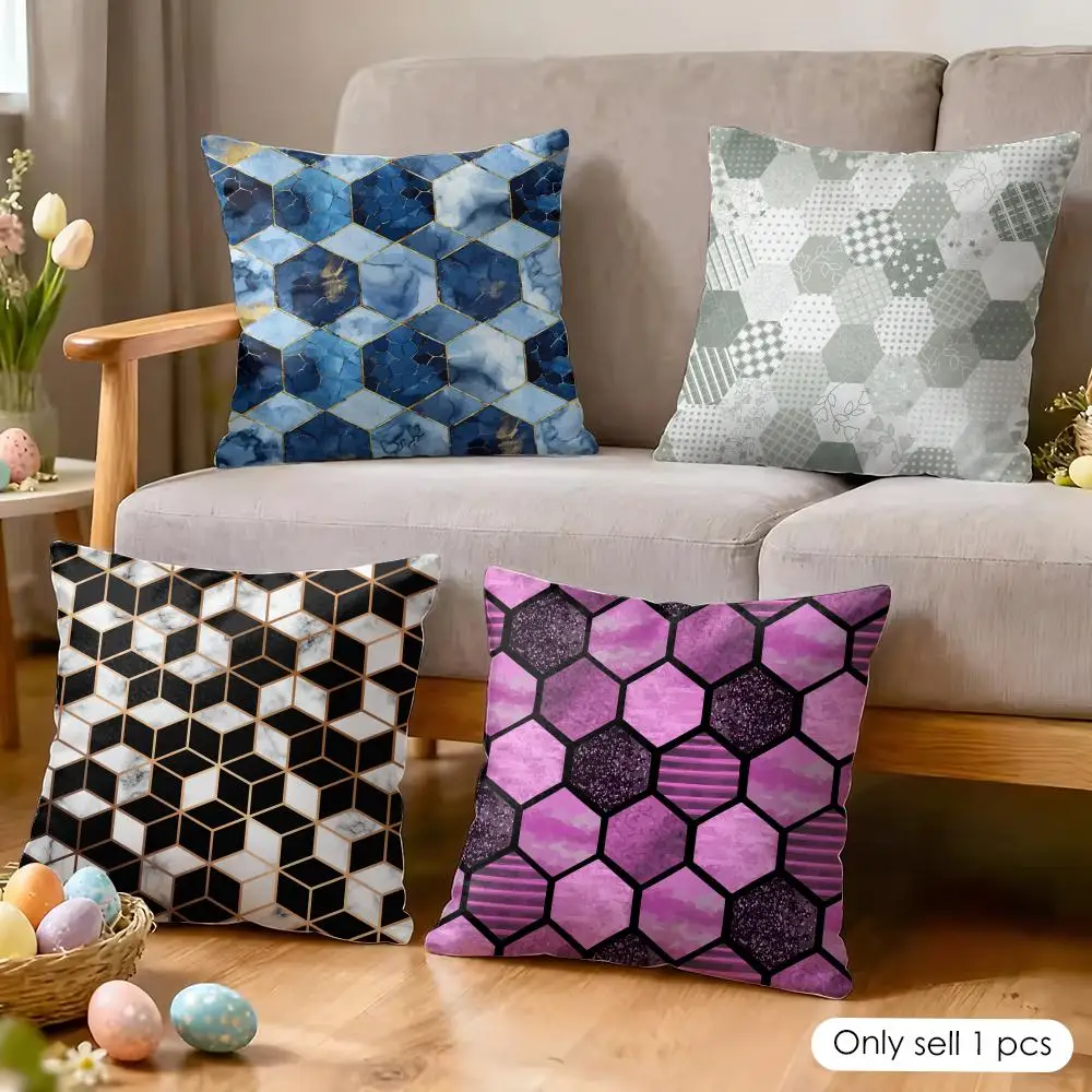 Hexagon Marble Pattern Cushion Cover Soft Short Plush Pillow Cover Smooth Cozy Texture Aesthetic Cushion Case Home Decor