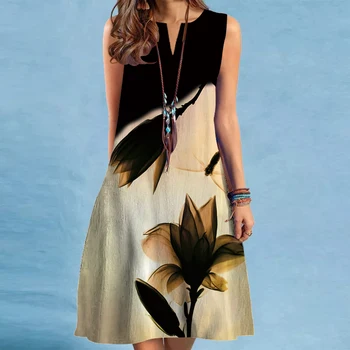 2024 Ropa de mujer transfronteriza europea y americana Vestido nuevo con cuello en V Sin mangas Vestido sexy estampado con dobladillo grande Vestido de longitud media