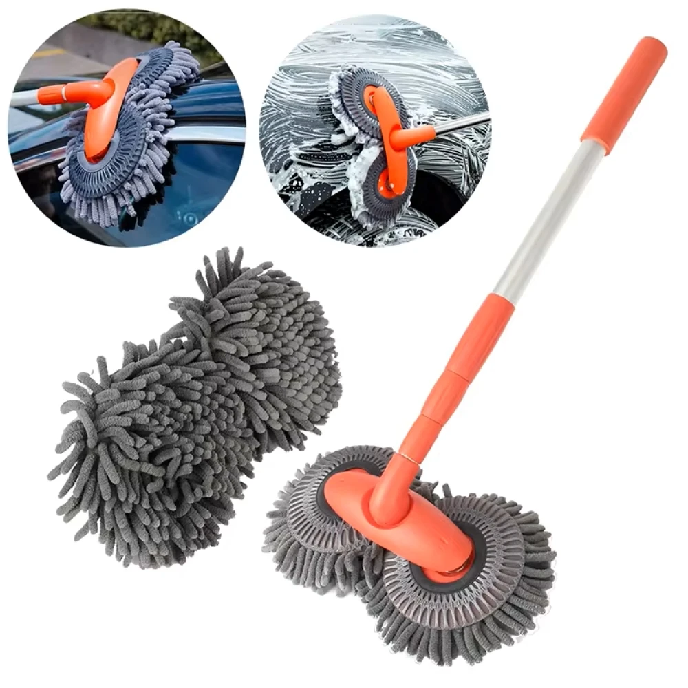 Car Washer Mop Retractable 360° Rotating Foam Wash Brush Double Brush Head Roof Window Cleaning Maintenance Acce Telescopic Mop 