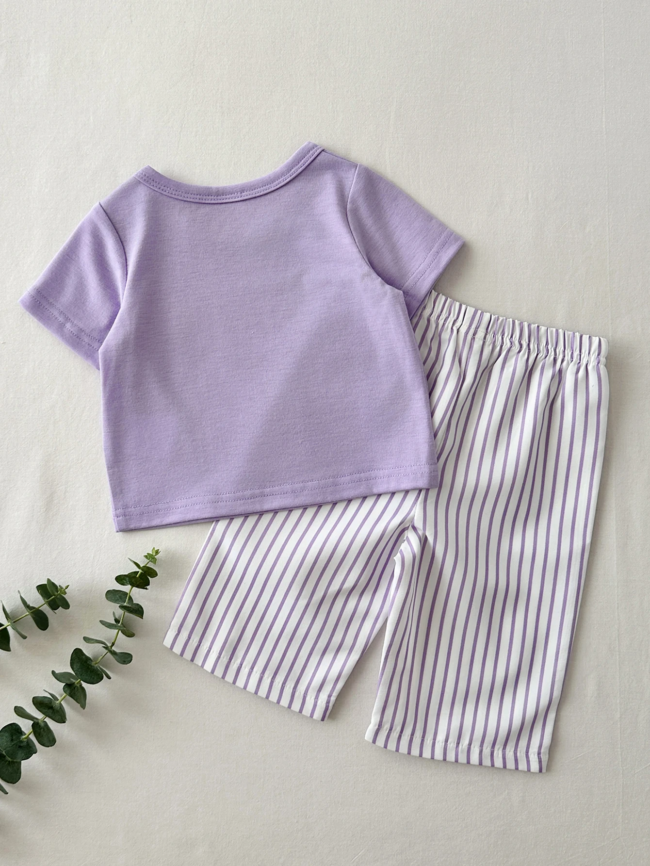 Cute Baby 2Pcs Clothing Set Shoulder Snap Design Tee Purple Striped Pants