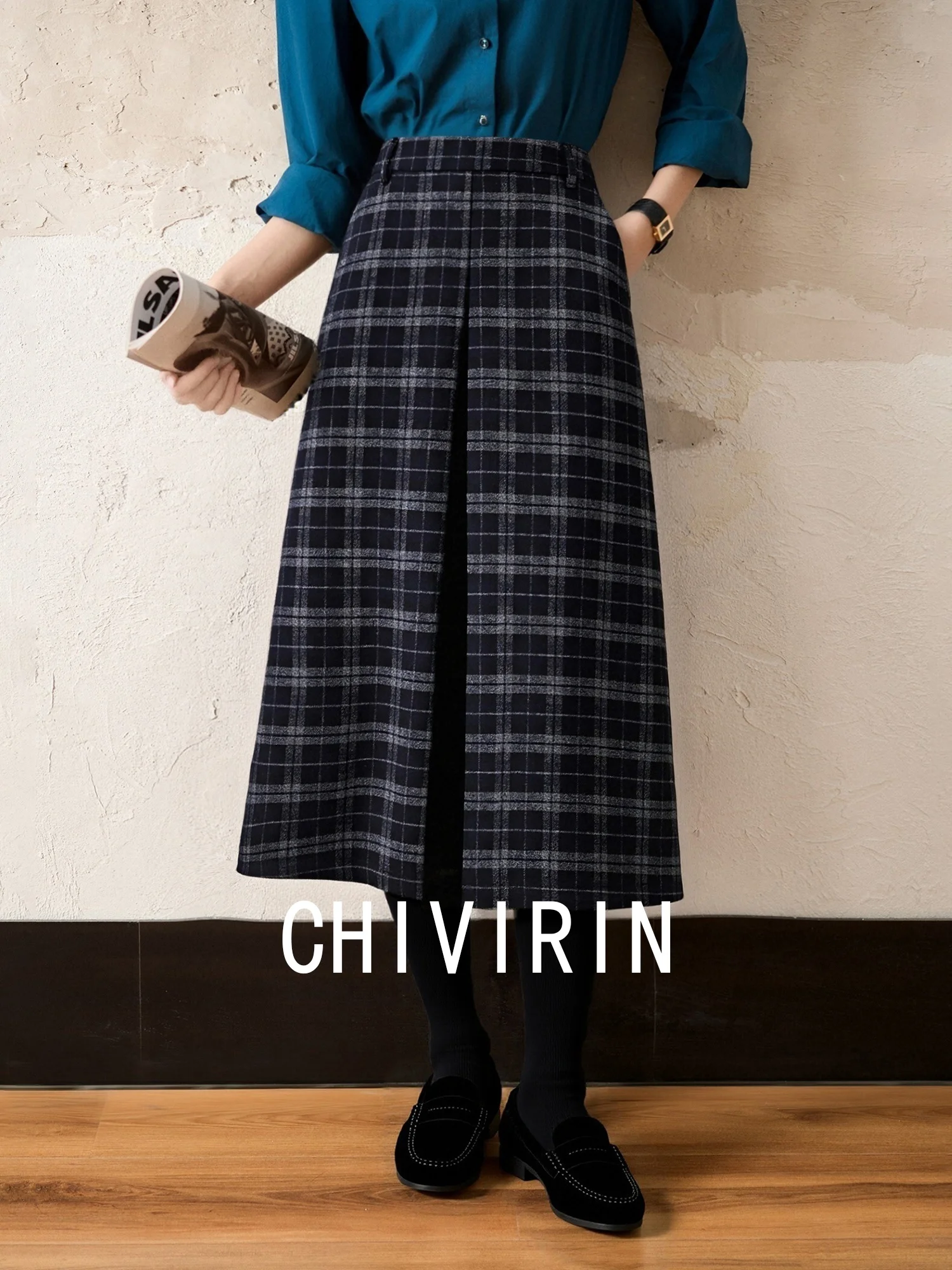 

High Waist A-Line Woolen Plaid Skirt Vintage Sle Women's Autumn Winter Faion Chivirin Ladies f-length Skirts