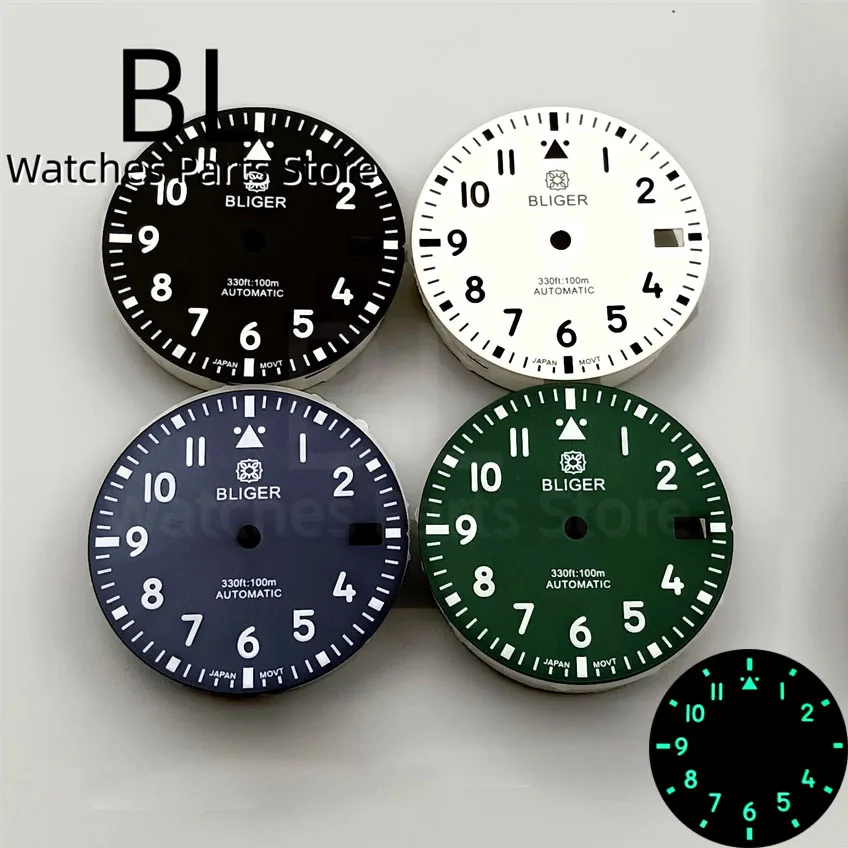 BLIGER 29mm Watch Dial Sterile Black Blue Green White C3 Luminous Pilot Style Watch Dial Fit NH35 NH35A NH36 Movement Watch Date