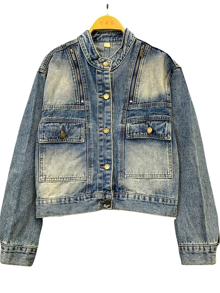

Retro American Blue Denim Jaet Women's Autumn Design Zipper ket Slimming Top Stand Collar Long Sve Pure Color