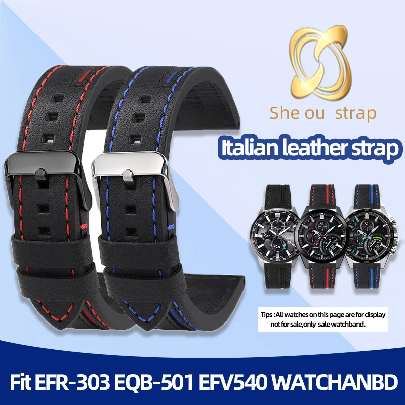 22mm Black sport outdoor Italian Leather Watch strap For Casio EDIFICE EFR-303L EFR-303D EFV-540 EFS-S500 EQB-800BL Watchband