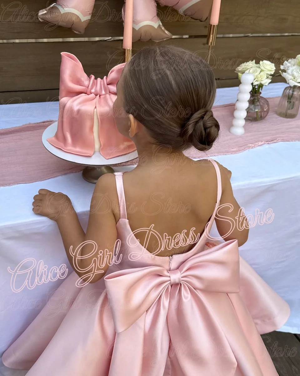 Customized Pink Satin Flower Girls Dresses for Wedding Lovely Knee Length Girl Pageant Dress Suspender Kids Party Birthday Gowns
