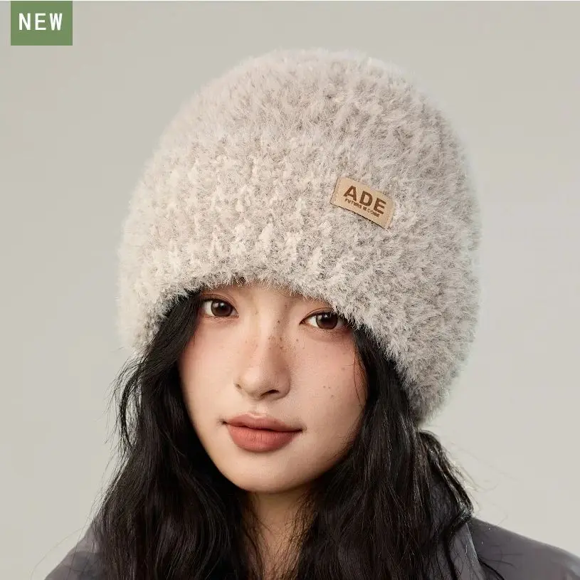 قبعة نسائية شتوية محبوكة سميكة مبطنة بالصوف كتلة ألوان قطيفة تغطي الأذن قبعة دافئة #6