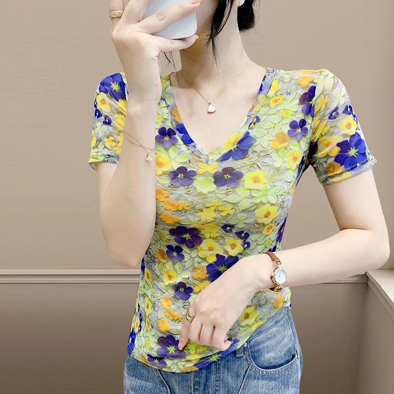 2025,New,Summer,European,Clothes,T-Shirt,Chic,Sexy,V-Neck,Print,Flower,3D,Women,Tops,Short Sleeve,Mesh,Bottoming Shirt,Tees,5602