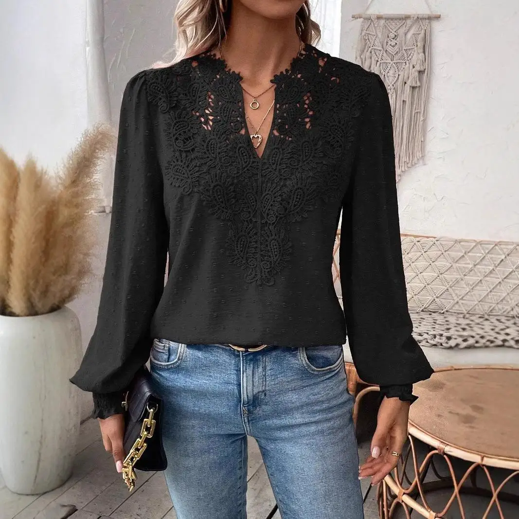 

Women's Lace Patchwork irt Regular Sve Long Sve Cotton Blend Polyester Resistant Deformable Color Faion irt