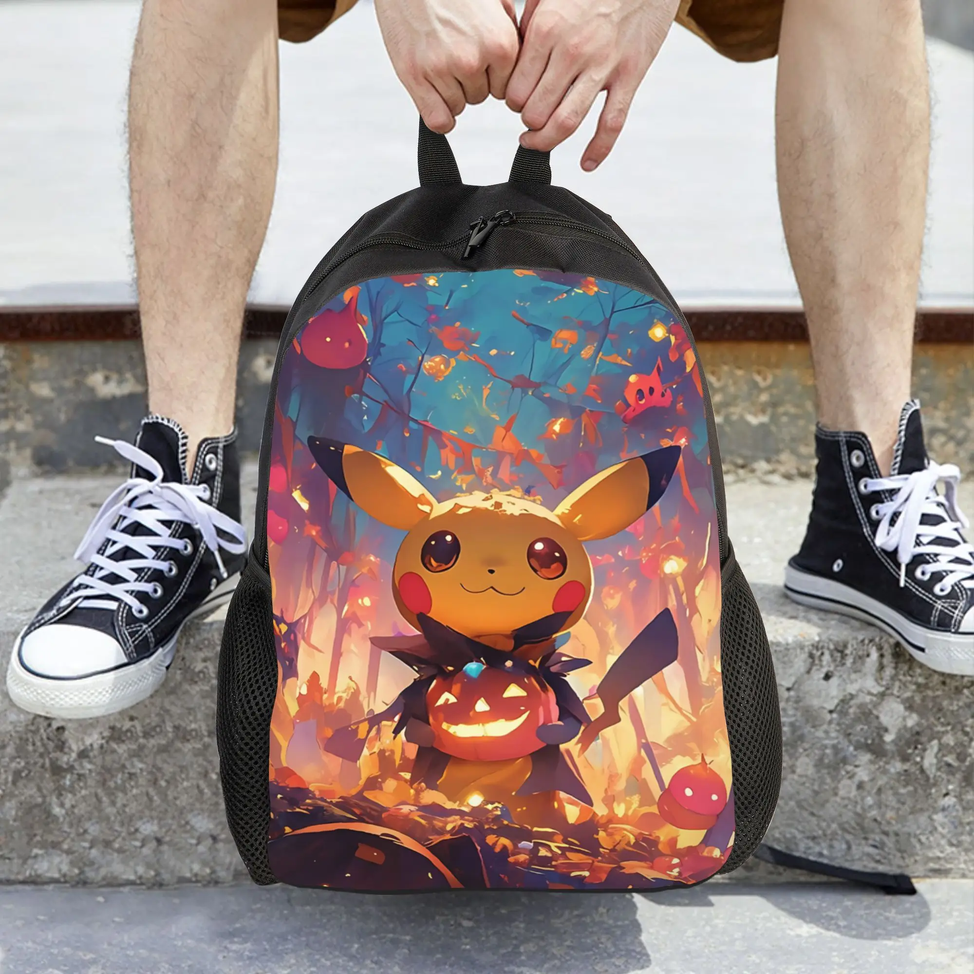 Fashion Pokemon Pikachu Pumpkin Halloween Art Print Backpack ita bag  mochila Harajuku Design Journey Retro Washable Rucksack