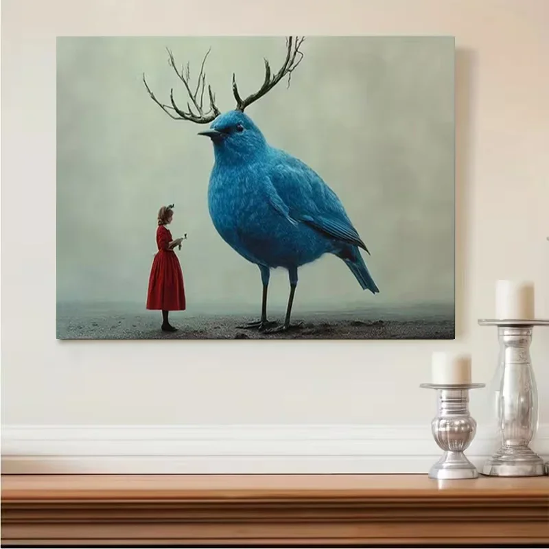 Multiple sizes 1pc frameless Canvas Painting,Sing Me A Song Surrealism Giant Little Bird and Girl Poster and Prints Canvas Paint