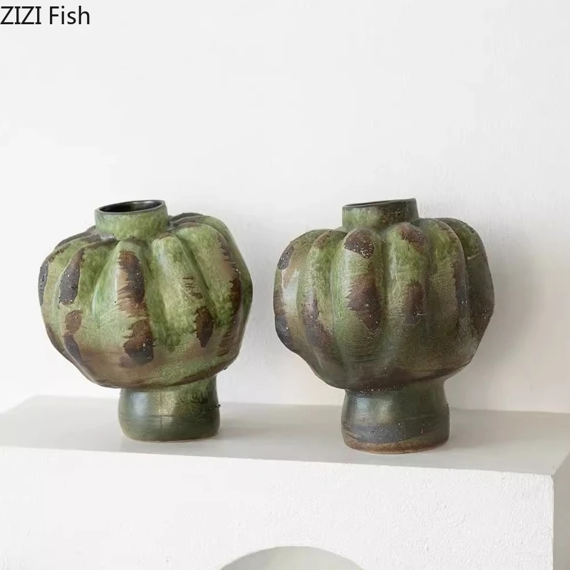 Green Glazed Ceramic Vase Handmade Flower Arrangement Art Vases Ornament Hydroponic Vase Decorative Vases Shooting Props Crafts
