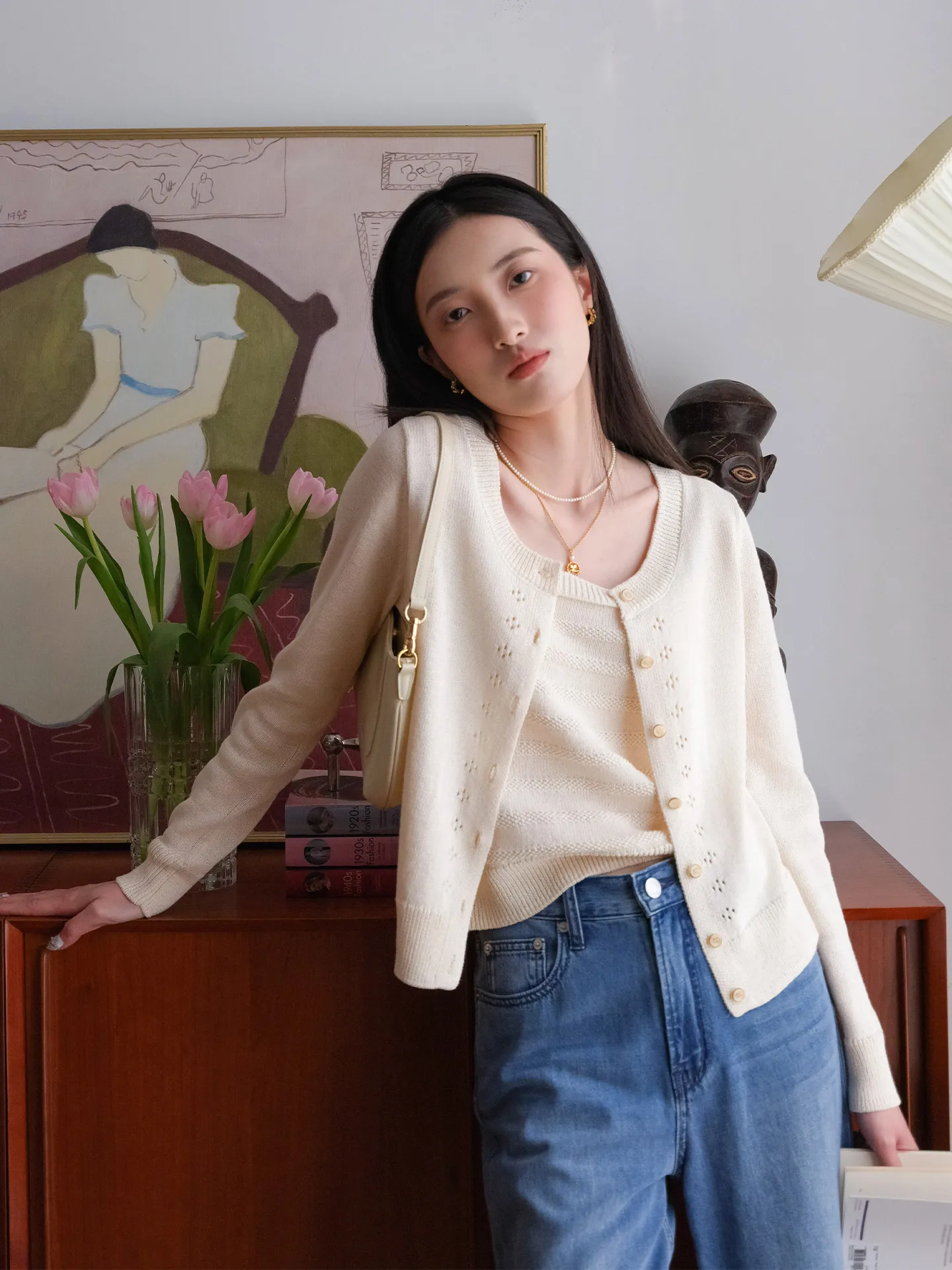 

Chic Knitted Open Cardigan Women's Inner Vest Paper Fiber Beige Spring Faion French Sle Regular Fit Long Sve Top