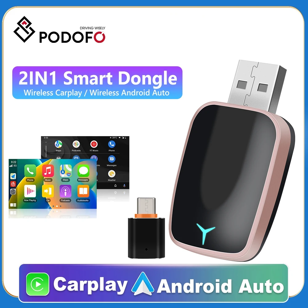 Podofo Wired To Wireless CarPlay Box Android Auto AI Box Type-C & USB Plug and Play Auto Connect for Car Intelligent Systems