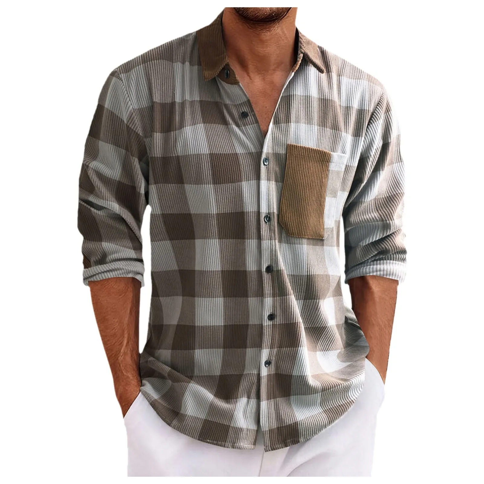 

Men Shirt Corduroy Tops Plus Size Long Sleeve Plaid Color Contrast Casual Trendy Long Sleeve Button Down Lapel Shirts Autumn