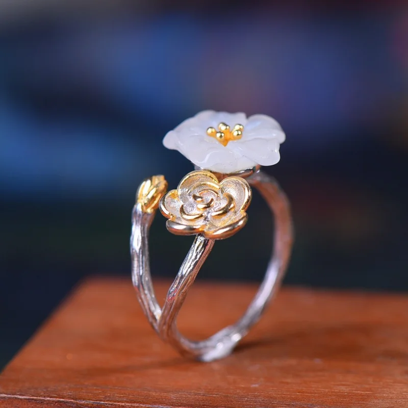 

925 Silver Inlaid Five-Petal Flower Hetian Sweet Lady White Jade Plum Blossom Ring