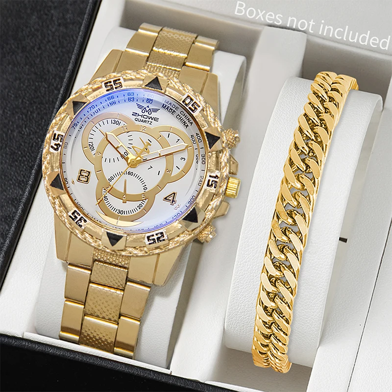 2pcs/set Fashion Men\'s Watch Steel Band Analog Quartz Watches Bracelet Set(Without Box)