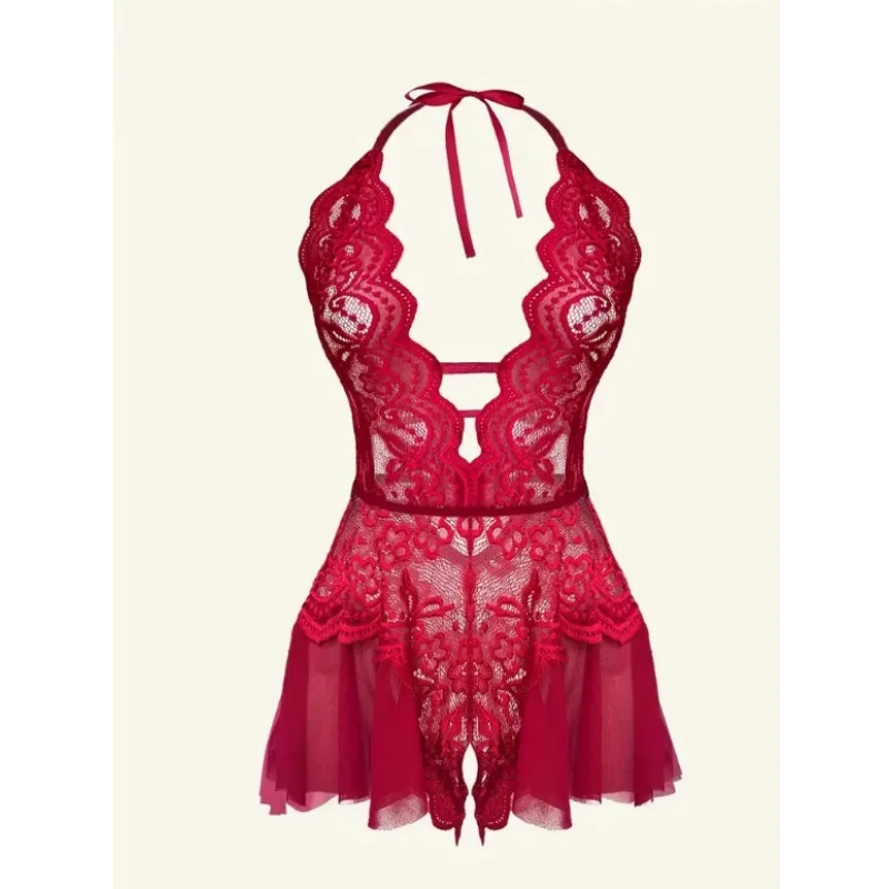 Women's Summer Sexy Halter Halter Dress Open Bra Crotchless Tight Solid Color Pajamas Lace Lace Hollow No Underwire Home Wear image 4