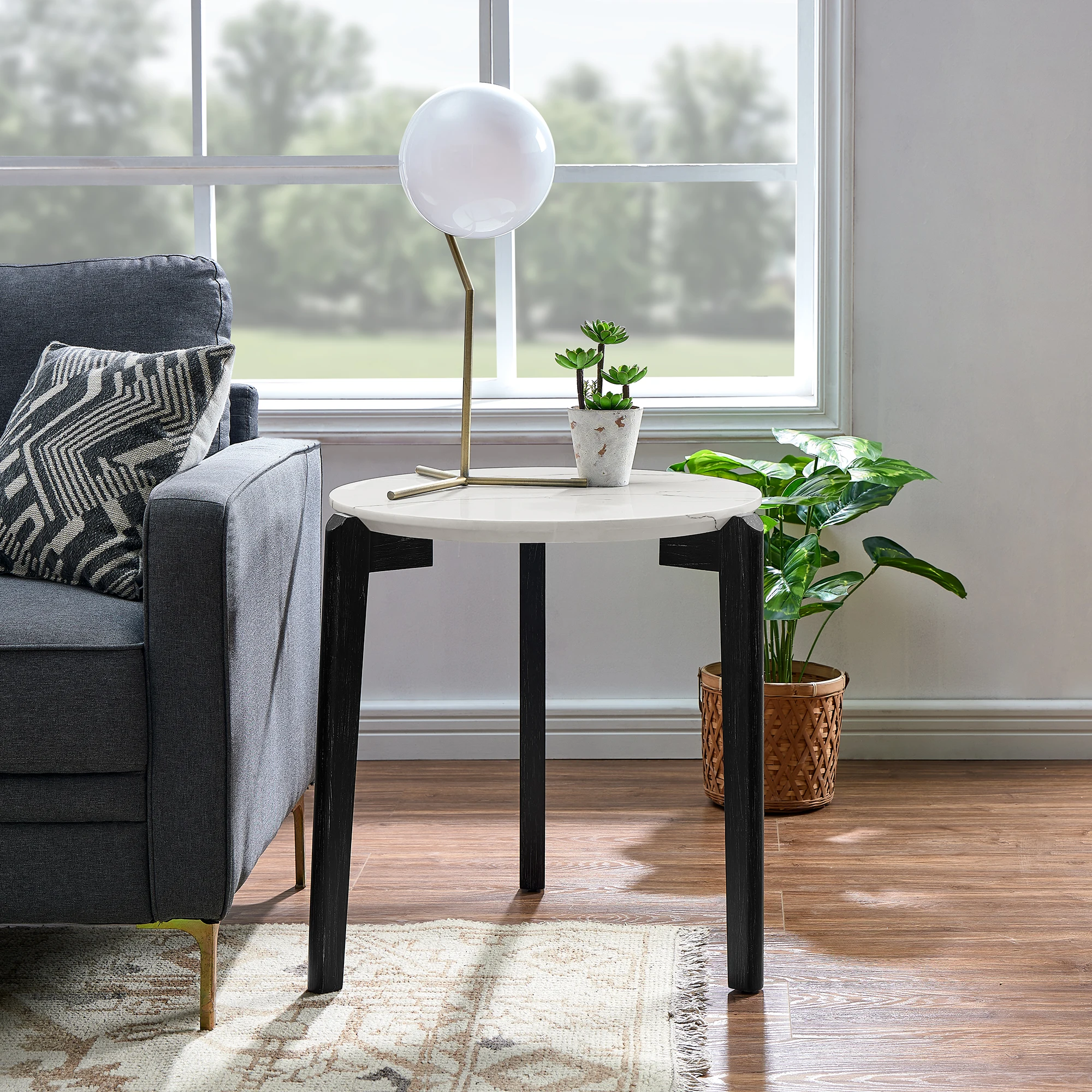 Modern 24-Inch Round Coffee Table with Imitation Marble Top and Rubber Wood Legs for Living Room and Office