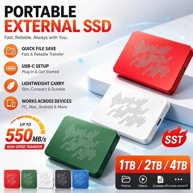 Portable USB3.0 SSD A3 Series External Hard Drive, 2TB 4TB Black Solid State Disk for Gaming Console & Office Gift