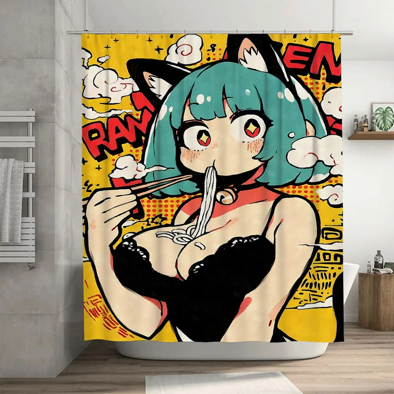 

Яркая занавеска для душа в стиле поп-арт с аниме-девочкой и палочками для еды, высококачественный принт для декора ванной комнаты