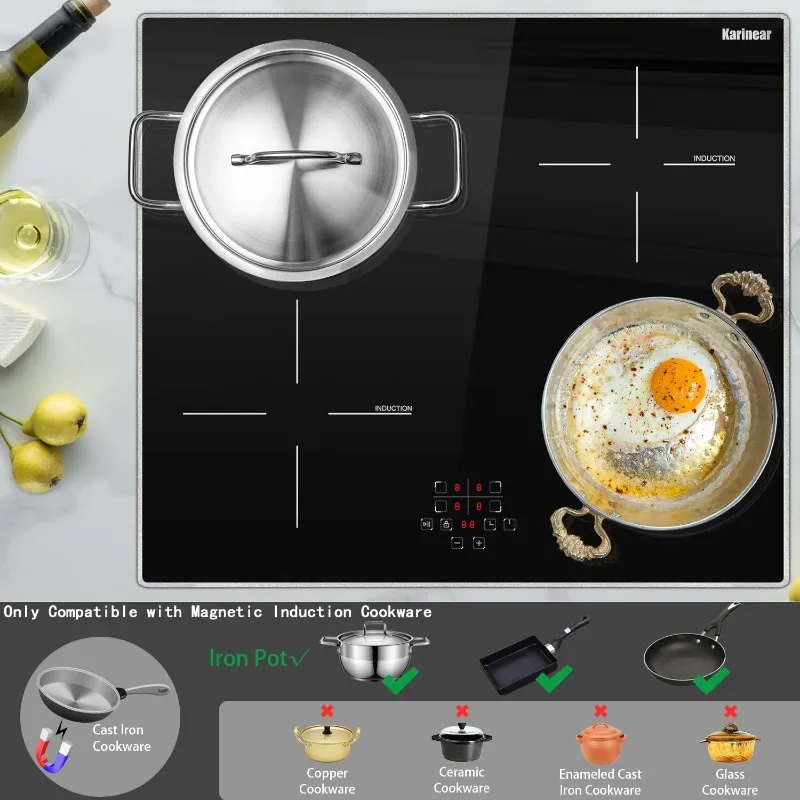 Cooktop de indução embutido com proteção de vidro Metal Frame, Cooktop elétrico, 24 ", 4 queimadores