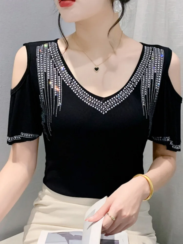 #7201 Off Shoulder T Shirt Women V-neck Diamonds Sexy Skinny T Shirt Female Short Sleeve Stretch Mesh Short Tshirt Femme Summer