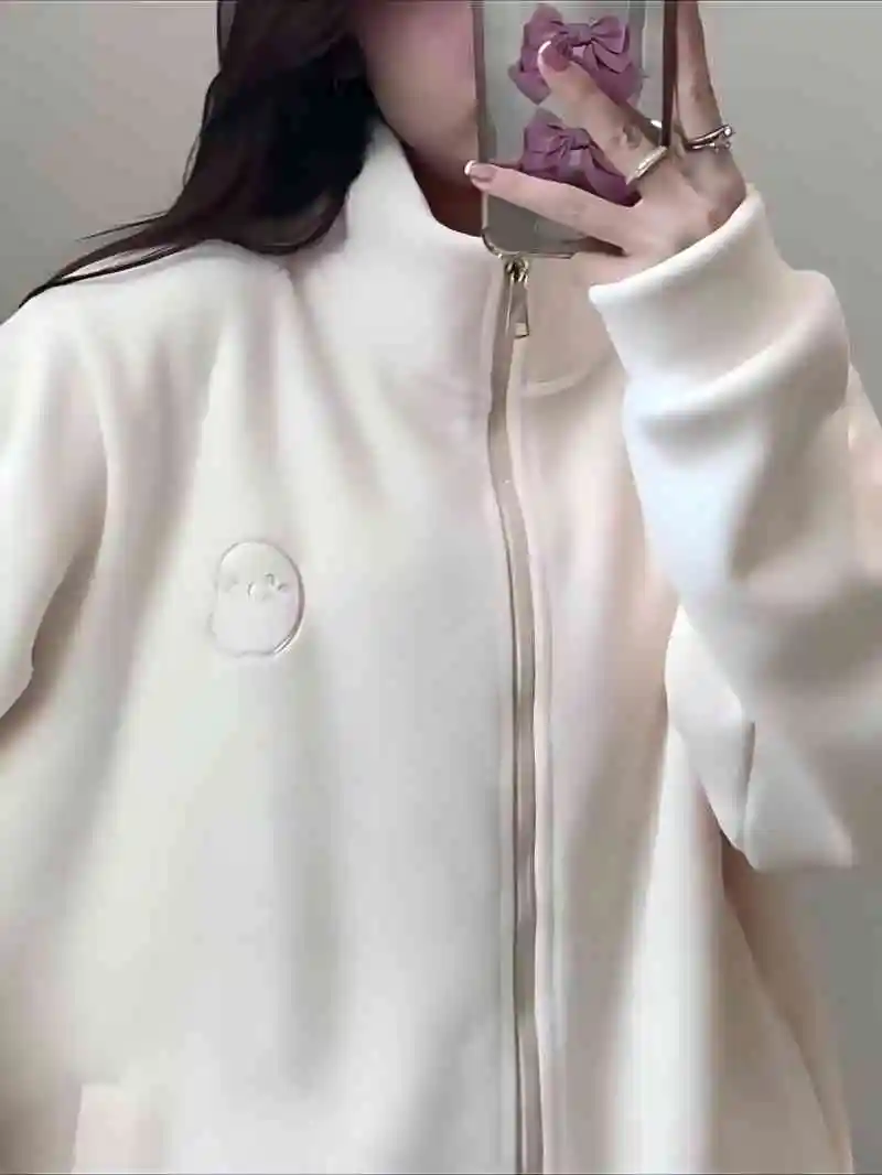 CGC Fashion Warm Lambswool Sweatshirts 2025 Harajuku Zip-Up Hoodies Women Solid Loose Pullovers Autumn Winter Female Clothing