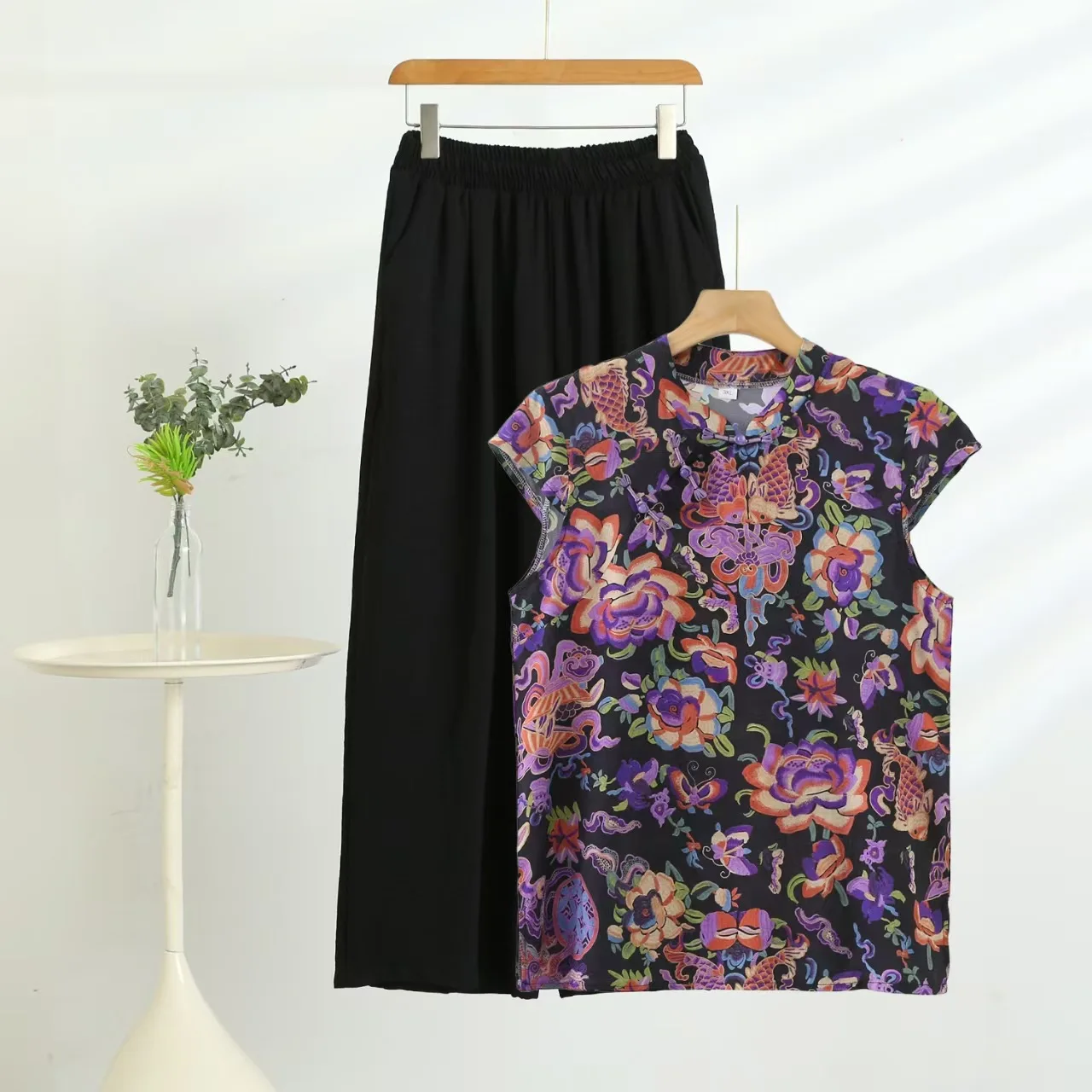 

Summer Cotton-silk blend Cheongsam 2 Pcs Set Loose Short Sleeve Frog Closure Tops and Wide leg Pants New Chinese Style Plus size