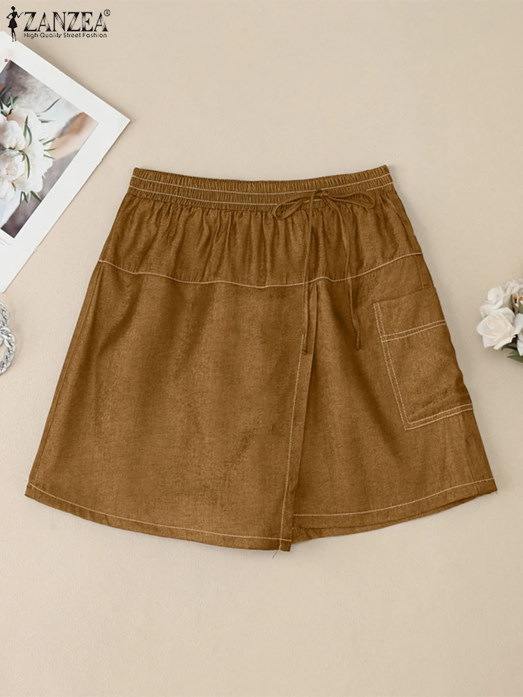 2025 ZANZEA Vintage Women Shorts Skirts Denim Bottoms Fashion Pockets Solid Elastic Waist Pantalons Casual Wide Leg Short Pants
