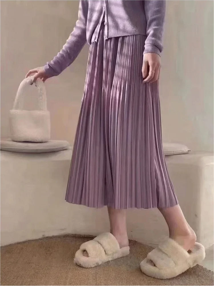 Long Pleated Skirts Womens Gray Summer Spring Elastic Waist Pink Solid A Line Long Skirt Women White Summer Skirt Maxi For Women