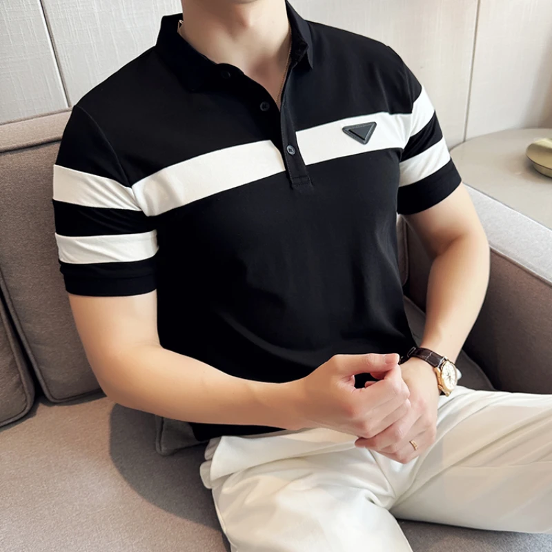 Business Casual Solid Color Men\'s Polo Shirt Summer Classic Men Short Sleeve V-neck T-shirt Slim Fit Spliced Polo 4XL-M