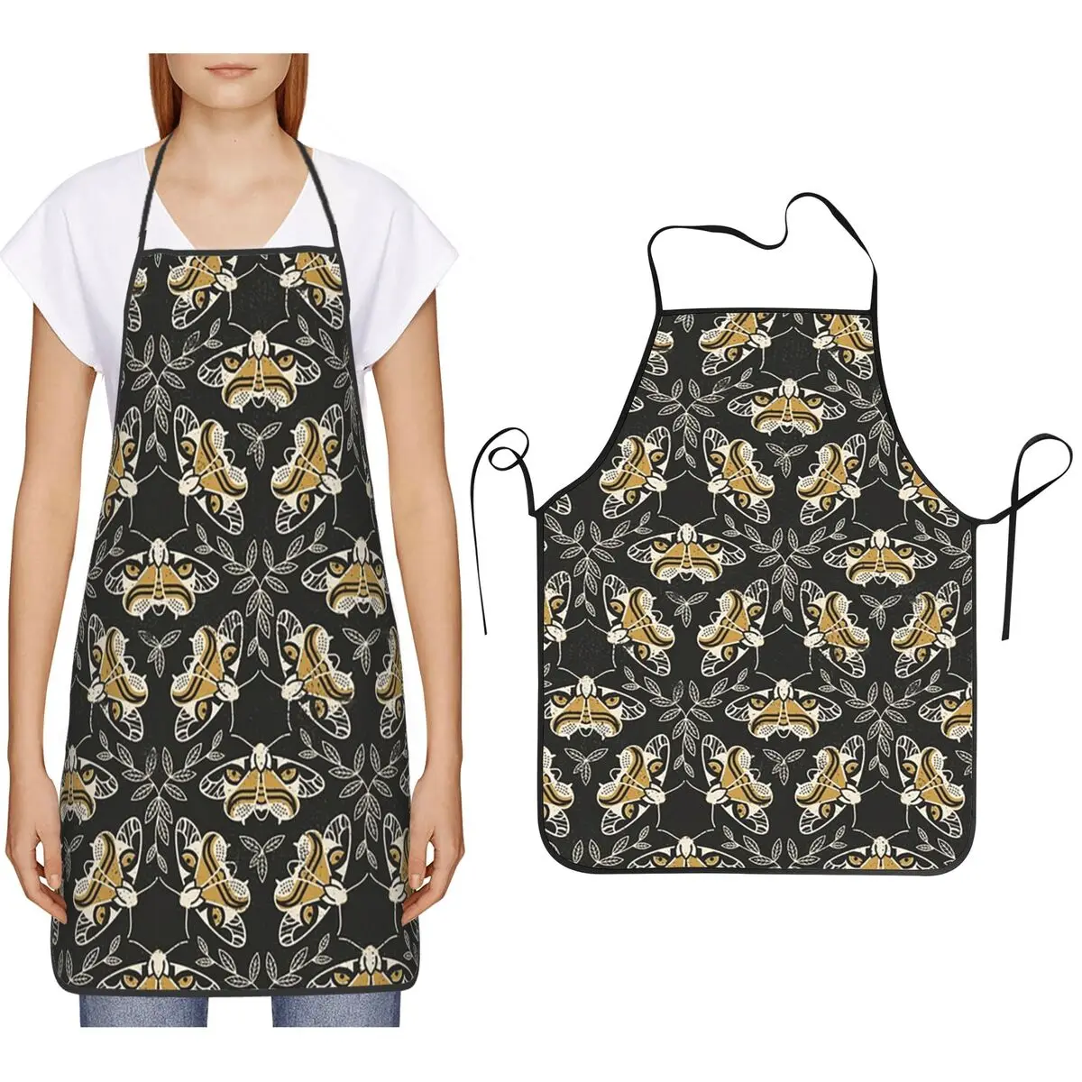 

Фартук Moth Magic Yellow на черном узоре с узором, фартук для шеф-повара, приготовления пищи, выпечки, нагрудник, кухонный сарафан для чистки для женщин и мужчин, живопись