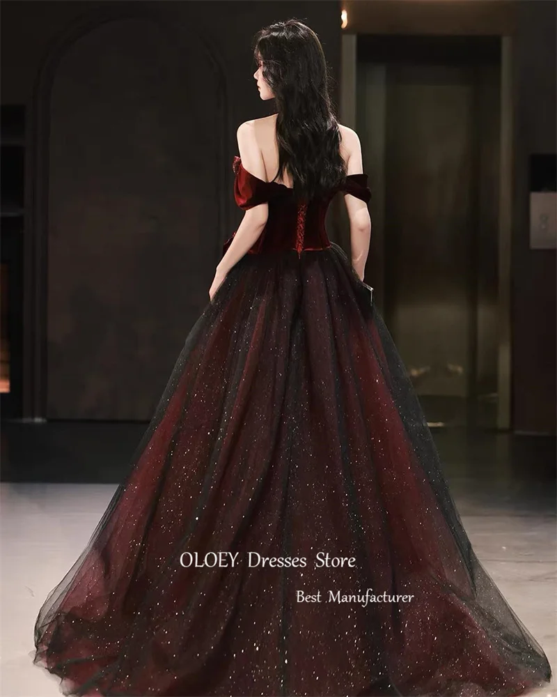 OLOEY Sparkly Dark Red Wine Velvet Korea Evening Dresses Halter Off Shoulder 3D Flowers Wedding Gowns Corset Back Party Dress