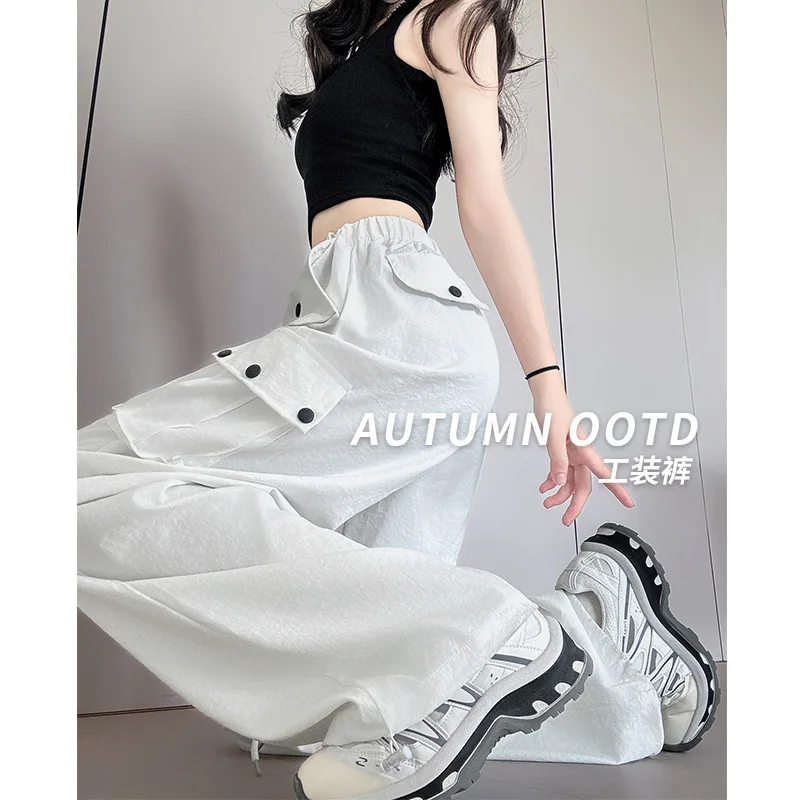 

Белые рабочие брюки в американском стиле для женщин, весна-осень-лето2025, новые драпированные широкие спортивные штаны с высокой талией, повседневные утягивающие брюки