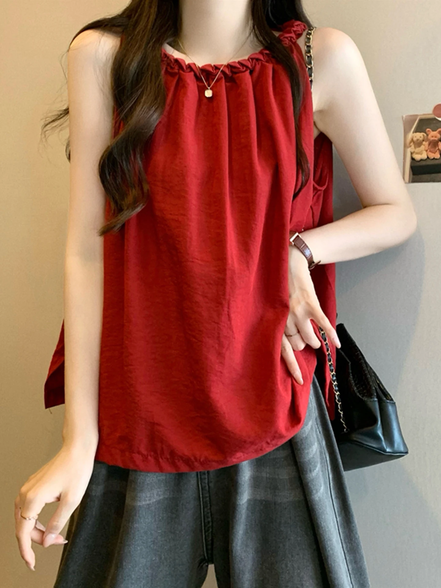 Ankela vermelho pendurado ne irt feminino verão vaion solto fino svel boneca colete superior outerwear coreano sle redondo ne