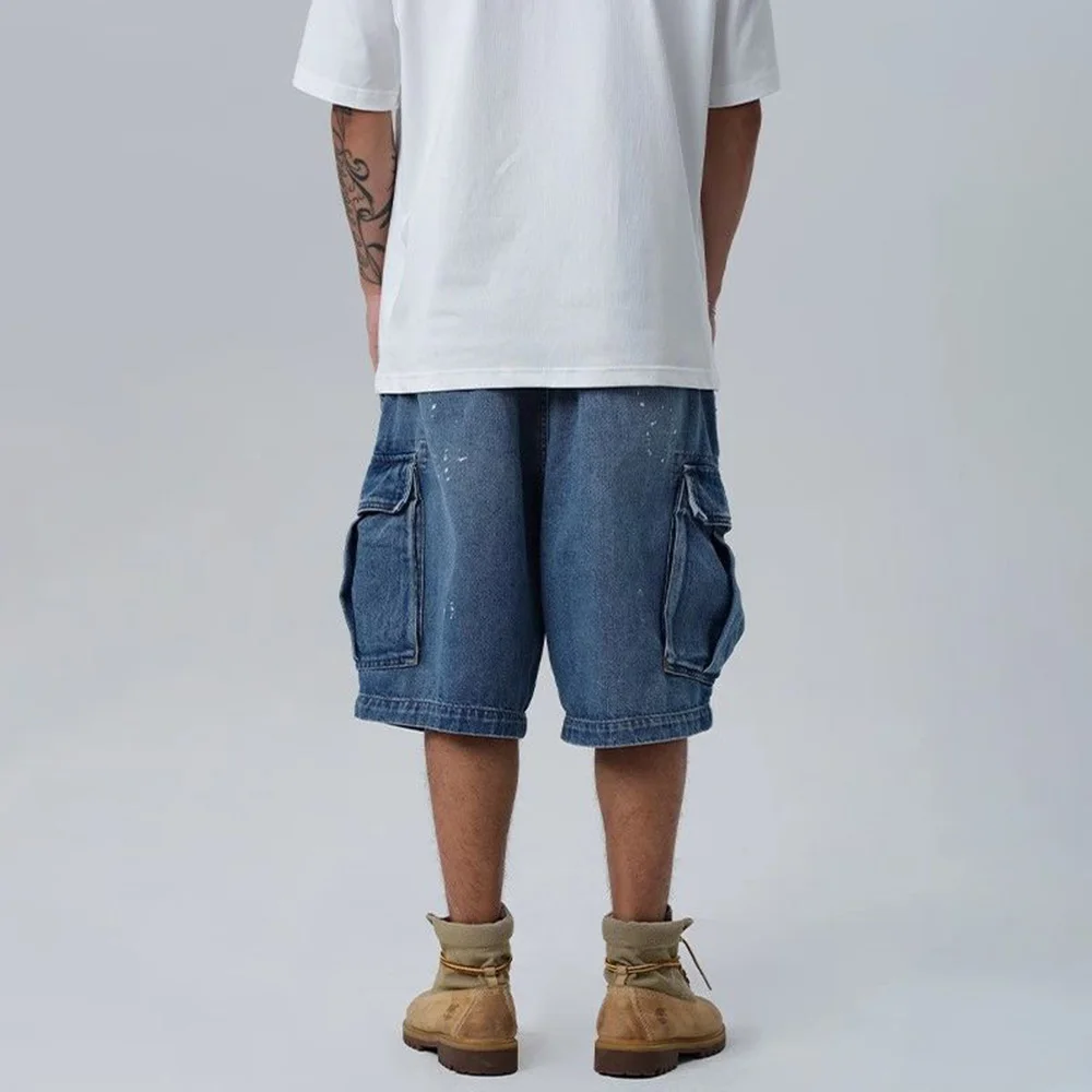 Shorts jeans de bolso múltiplo Y2k masculino, calças retas soltas de perna larga de cinco pontos, tendência da moda verão, 2024