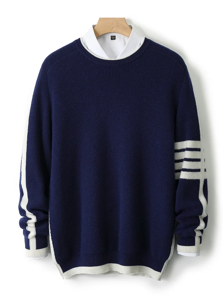 

100% pure wool sweater men's round neck thickened jacquard contrasting sweater business casual cashmere knitted bottoming shirt