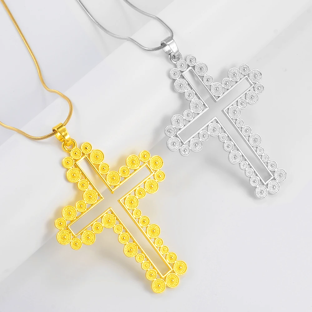 Anniyo Ethiopian Cross Pendant Choker Necklaces Women Girls,Wedding Party Gold Color Eritrean Jewelry African Habesha #334106