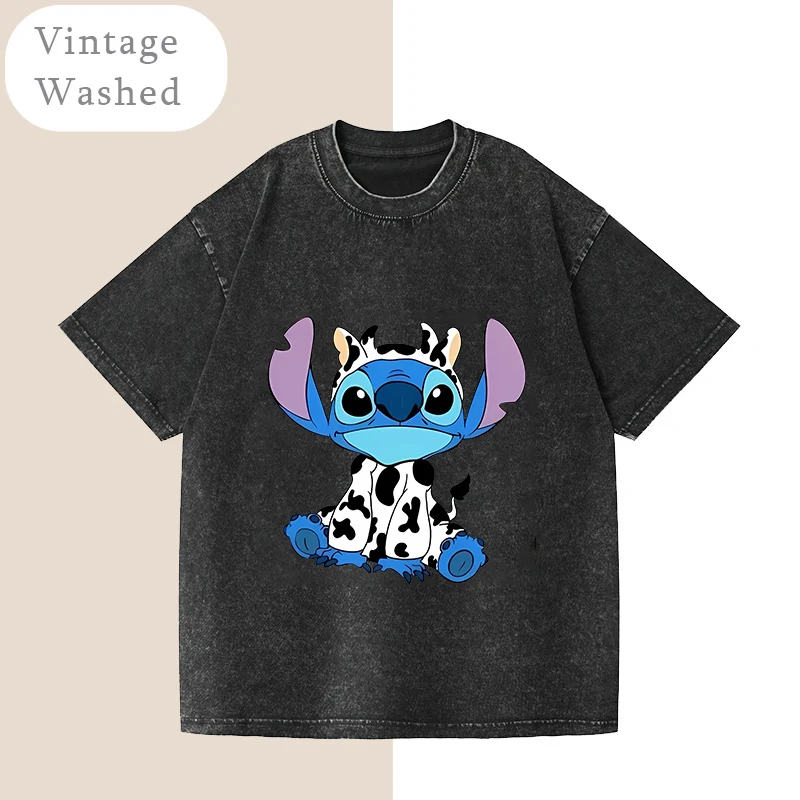 Washed Vintage T-Shirt for Women Lilo Stitch Casual Loose Tees Hip Hop Punk Streetwear Harajuku Short Sleeve Retro Woman Tops