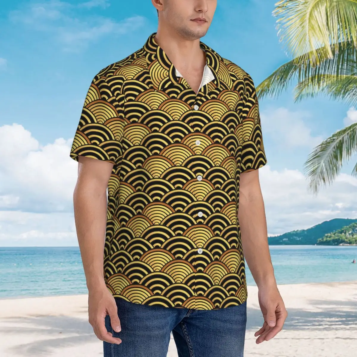 Hawaiian Shirt Vacation Japanese Wave Blouses Gold Seigaiha Novelty Casual Shirts Men Short Sleeve Stylish Clothes