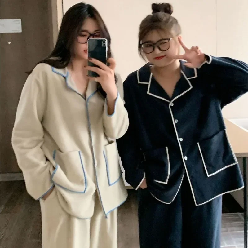 

2024 Extra Large Women Loungewear Plush Thicken Sleepwear Winter Antumn New Homewear High Waisted Pants Long Sleeved Pajama Set