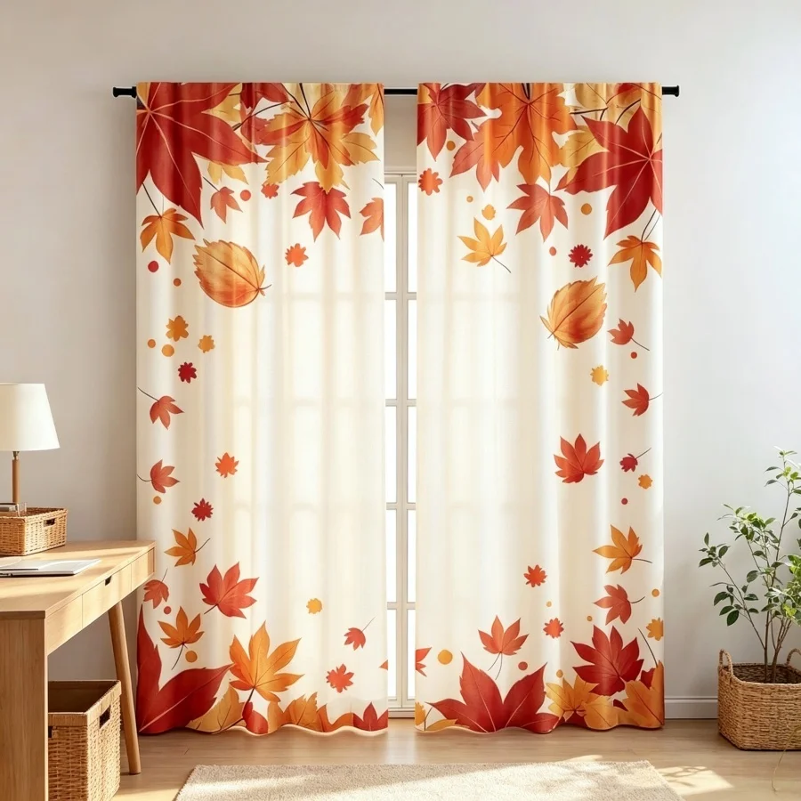 2PCS Digital Print Curtain, Drifting Scattered Maple Leaves, Autumn Breeze Dynamic Nature Style for Living Room Bedroom Decor