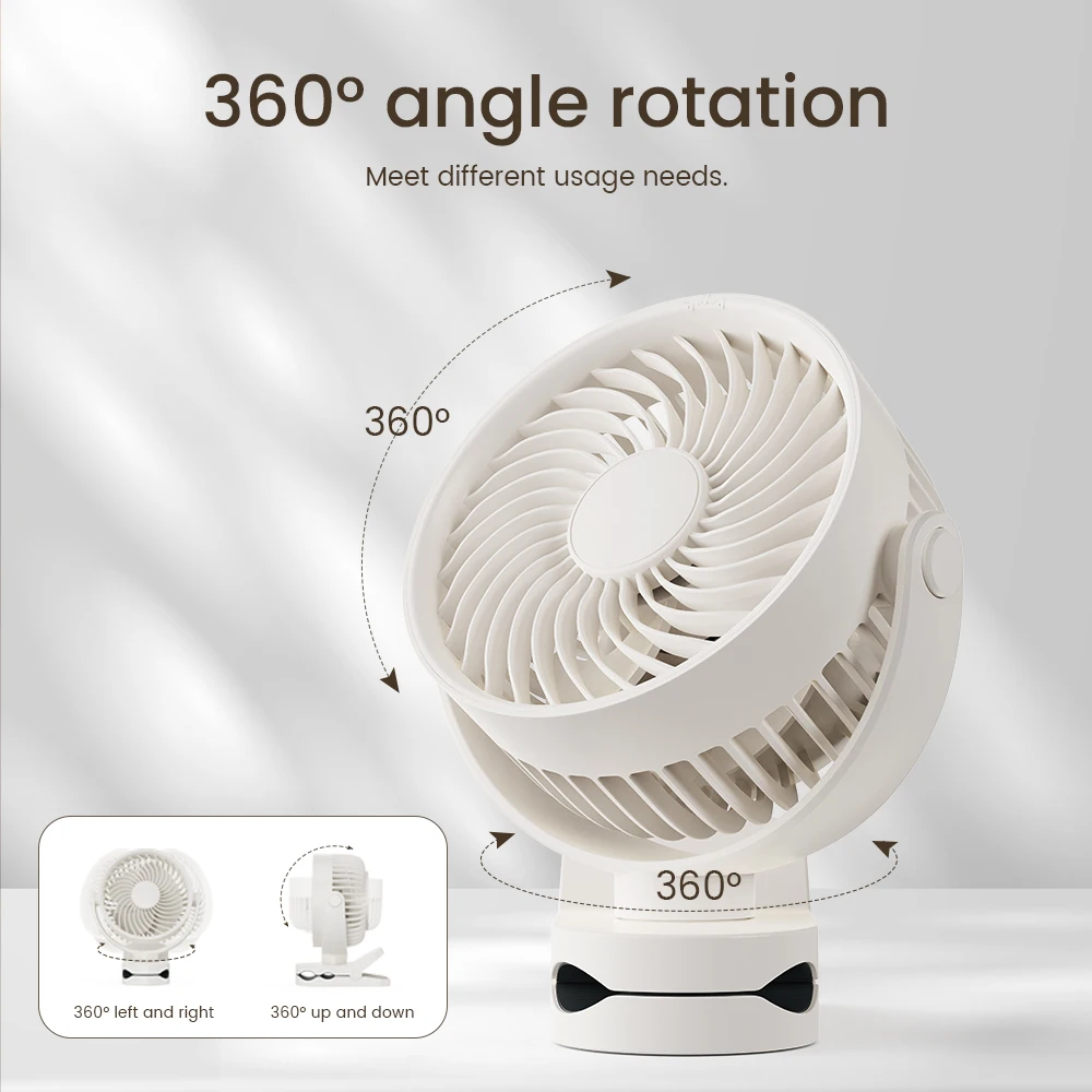 Wall-mounted rechargeable clip-on silent small fan 360 ° rotation portable desktop fan with 3 speeds suitable for office, gym