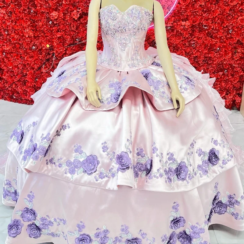 Vestido de quinceañera rosa de lujo, apliques de flores, cuentas, vestidos de fiesta de cumpleaños, dulce corsé 16, 2024