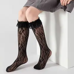 Lolita Girls Socks Cute Sunflower Pattern Mesh Lace Knee Socks Summer Nonslip Mosquito Proof Sock Nylon Ruffle Edge Stockings